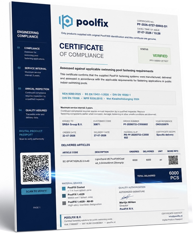 Originele PoolFIX Certificate of Compliance mockup